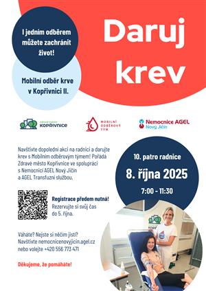 Daruj krev se Zdravým městem Kopřivnice - mobilní odběrový tým na radnici, říjen 9