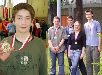 Úspěšní medailisté z Vídně. Závišický Adam Kahánek a skupinka štramberských judistů, zleva Mirek Ondrejka, Radek Bár, Adéla Kelnarová a Petr Bayer.<br/> 
FOTO: ARCHIV