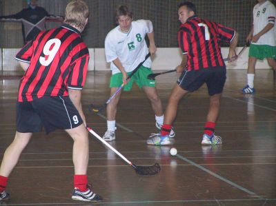 Domácí Vikings (v pruhovaných dresech) si o minulém víkendu vítězstvím na domácí palubovce zajistili další setrvání ve florbalovém Českém poháru.<br/>
FOTO: DAVID MACHÁČEK
