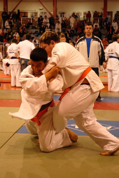 Francouzský judista Yassine Babberih (vlevo) si ze sobotního turnaje O pohár euroregionu Beskydy odvezl stříbrnou medaili. Judisty z Trappes hostila Kopřivnice.<br />             
FOTO: DAVID MACHÁČEK
