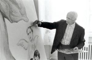 Vojtěch Petráš se v pokročilém věku pustil také do svého největšího díla, víc jak tři metry vysokého oltářního obrazu Panny Marie Nanebevzaté. Fotografie je již osm let stará.    <br/>FOTO: DAVID MACHÁČEK