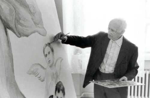 Vojtěch Petráš se v pokročilém věku pustil také do svého největšího díla, víc jak tři metry vysokého oltářního obrazu Panny Marie Nanebevzaté. Fotografie je již osm let stará.    <br/>FOTO: DAVID MACHÁČEK