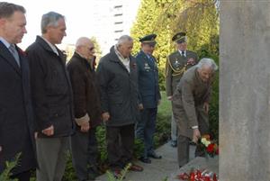 Pietní shromáždění před pomníkem padlých si letos Den veteránů připomnělo také symbolickými kvítky vlčích máků v klopách.<br/>                                                                             
FOTO: DAVID MACHÁČEK
