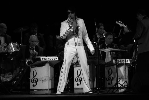 Vladimír Lichnovský jako Elvis Presley byl hostem koncertu příborského Swingového orchestru Bedřicha Pukovce v kulturním domě.<br/>                                                                            
FOTO: DAVID MACHÁČEK
