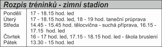 Rozpis tréninků - zimní stadion