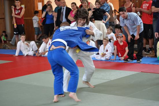 Závišický pohár v judu měl o víkendu řadu příznivců. Anna Lošáková (vpravo) vybojovalo pro domácí barvy zlato v hm. kategorii do 40 kg (r. 2003/04). 
FOTO: J. FEILHAUEROVÁ