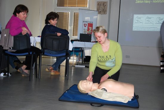 Zdravotní sestra Pavla Musilová během svého výkladu na panně předváděla, jak správně postupovat při masáži srdce. Na závěr si to pak vyzkoušeli i úředníci.
FOTO: DANA HOĎÁKOVÁ