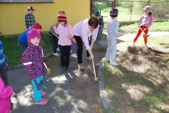 Děti s rodiči a učitelkami uklízely prostory před Mateřskou školou Pionýrskou od jehličí a trávy.
FOTO: DANA HOĎÁKOVÁ
