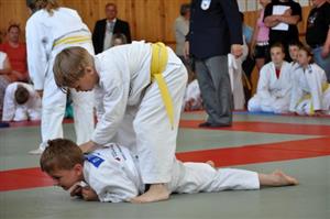 Závišický judista Jakub Štihel (nahoře) svádí souboj s Davidem Zaoralem z Prostějova v kategorii Mini ve váze do 26 kg a nakonec jej porazil.
FOTO: KRISTINA ČABLOVÁ