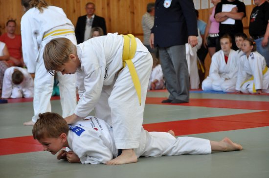 Závišický judista Jakub Štihel (nahoře) svádí souboj s Davidem Zaoralem z Prostějova v kategorii Mini ve váze do 26 kg a nakonec jej porazil.
FOTO: KRISTINA ČABLOVÁ
