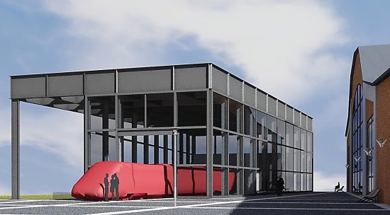 Vizualizace možné podoby proskleného pavilonu, ve kterém by mohla být v budoucnosti umístěna restaurovaná Slovenská Strela.
REPRO: TATRA TRUCKS