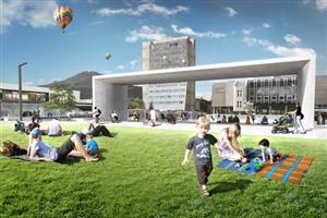 Vizualizace vzhledu dominantního architektonického prvku připravované rekonstrukce centra Kopřivnice. ‘Brána’ bude sloužit mimo jiné jako zastřešené pódium.
REPRO: ARCHIV