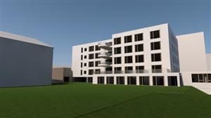 Vizualizace pohledu na budoucí budovu domova pro seniory z prostoru zamýšlené zahrady. Studie je aktuálně ve finální fázi přípravy a možné změny už mají být spíše kosmetické.    
REPRO: MSK