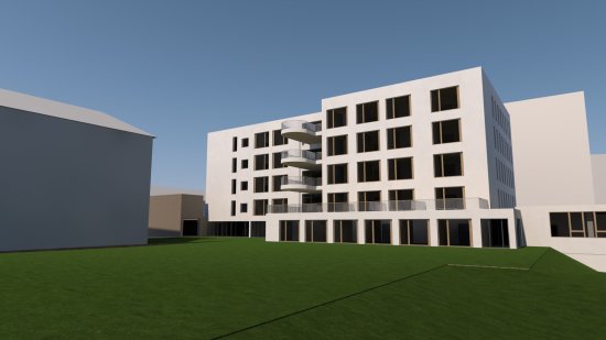 Vizualizace pohledu na budoucí budovu domova pro seniory z prostoru zamýšlené zahrady. Studie je aktuálně ve finální fázi přípravy a možné změny už mají být spíše kosmetické.    
REPRO: MSK