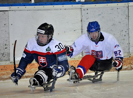 Na kopřivnickém ledě se v exhibičním utkání střetli para hokejisté České republiky a Slovenska. Trenérem ČR byl původem místní hokejista Jiří Bříza.
FOTO: KRISTINA ČABLOVÁ

