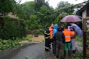 Sesuv půdy a vyvrácené stromy zatarasily v neděli ráno komunikaci ve Větřkovicích jen pár desítek metrů k přehradě. Odklízecí práce nezačaly bezprostředně a hasiči čekali na souhlas statika.
FOTO: DAVID MACHÁČEK