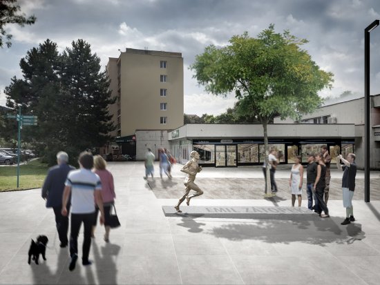 Vizualizace možného budoucího umístění sochy Emila Zátopka, tak, jak byla představena kopřivnické veřejnosti na pondělní prezentaci. O pořízení a umístění sochy budou za týden jednat i zastupitelé. 
REPRO: MĚSTO KOPŘIVNICE