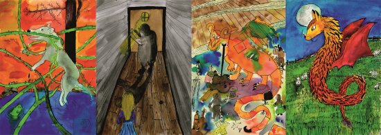 Čtyři ilustrace mladých kopřivnických výtvarníků, které se dostaly na stránky knihy Ikabog. Autory jsou zleva: Matěj Babinec, Alena Valová, Dorian Kresta a Vendula Gelnarová.