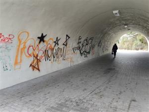 Průchod tunelem mezi ulicemi Štefánikovou a Příborskou, lidově zvaný „myší díra“, by se měl stát legální plochou pro street art. 
FOTO: DAVID MACHÁČEK