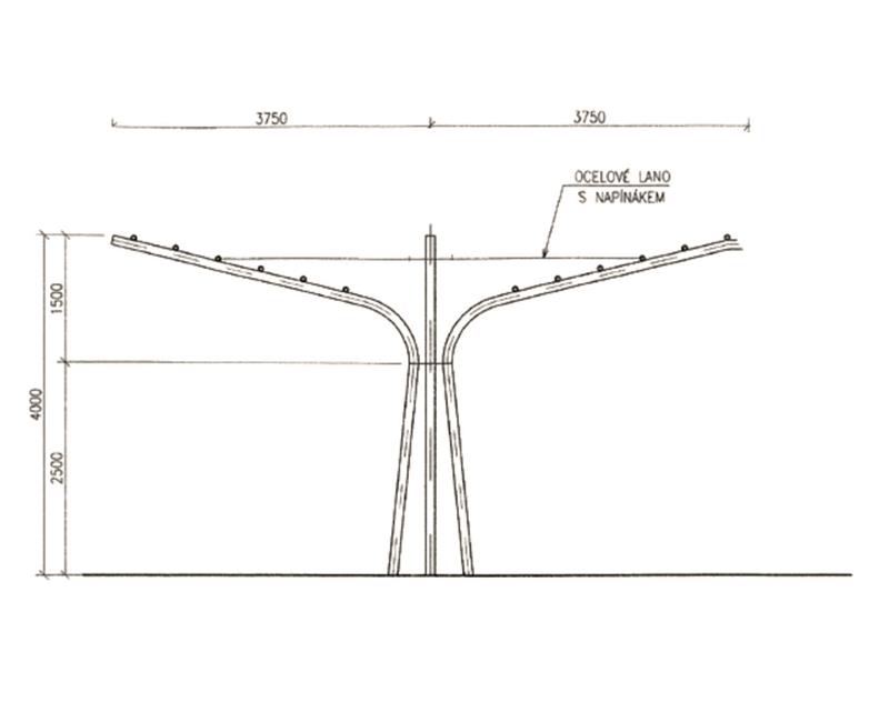 Jednoduchý bokorys podoby prototypu samonosné ocelové konstrukce, která po popnutí rychlerostoucí rostlinou může poskytnout stín na nehostinných stanovištích, jakými jsou například velké parkovací plochy. REPRO: MĚSTO KOPŘIVNICE