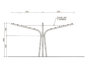 Jednoduchý bokorys podoby prototypu samonosné ocelové konstrukce, která po popnutí rychlerostoucí rostlinou může poskytnout stín na nehostinných stanovištích, jakými jsou například velké parkovací plochy. REPRO: MĚSTO KOPŘIVNICE