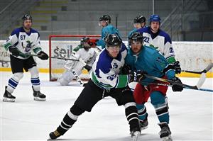 Tým HC Slivovice slaví titul. Na snímku z finále 1. ligy proti Staré Bělé jsou v bílých dresech zleva Petr Langer (č. 67), brankář Jiří Koňařík, René Kot (39) a Ladislav Mička (22)