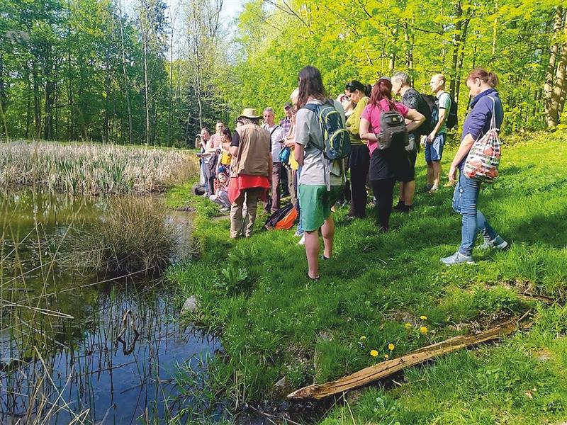 Vycházka spojená s přednáškou o léčivých rostlinách s Vladimírem Vytáskem zavedla její účastníky k rybníku pod hradem Šostýn