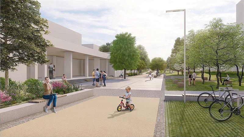 Jedna z vizualizací budoucí podoby centrálního prostoru sídliště Sever, jak si jej v prezentované studii představují zpracovatelé ze studia opus architekti, s. r. o.